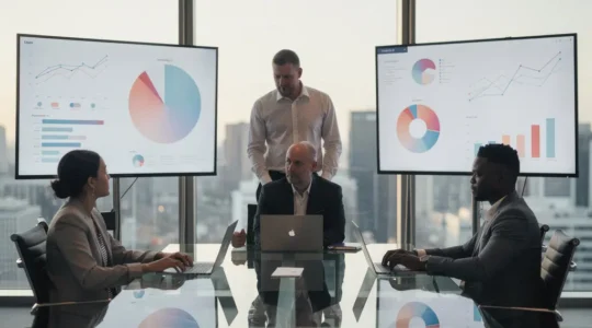 Professional analytics dashboard displaying B2B sales metrics and ROI tracking in modern office environment