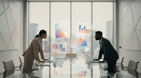 Business professionals analyzing competitive strategies in modern office environment