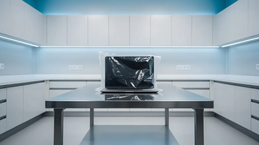 Forensic analyst securing laptop in evidence bag for investigation