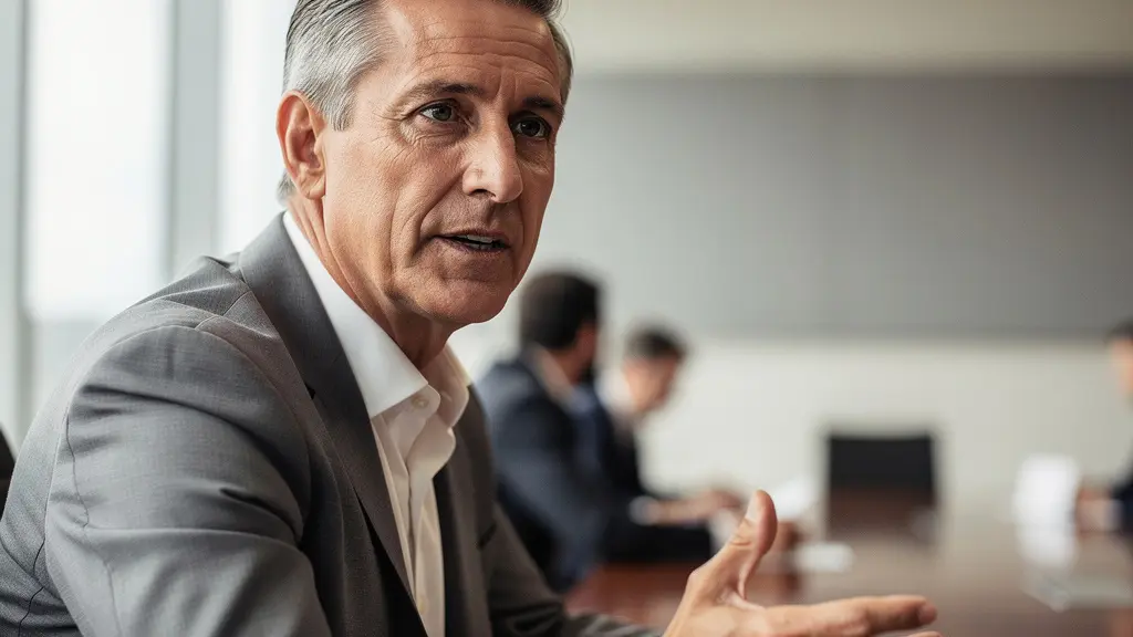 Close-up portrait of confident CFO during intense board discussion