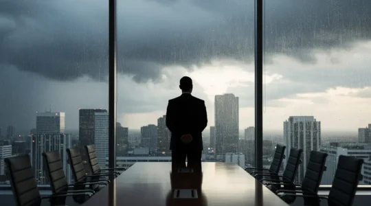 Executive team in strategic crisis meeting with financial data visualization