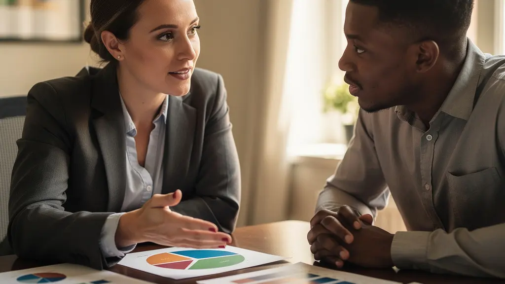 HR professional explaining compensation structure to relocating employee using visual aids