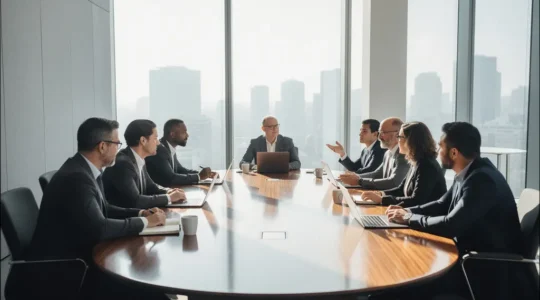 Professional boardroom meeting with diverse executives discussing family business governance