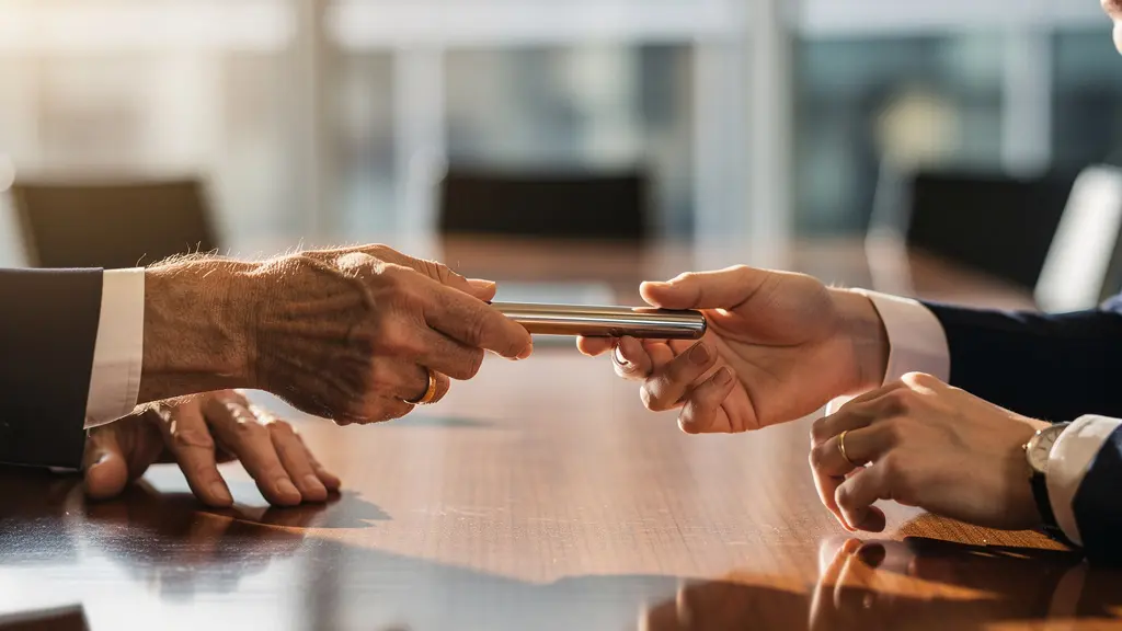 Close-up of a senior executive's hands passing a symbolic leadership object to a younger successor's hands across an elegant boardroom table.