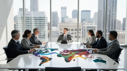 Executive team analyzing global tax strategy maps and financial charts in modern boardroom