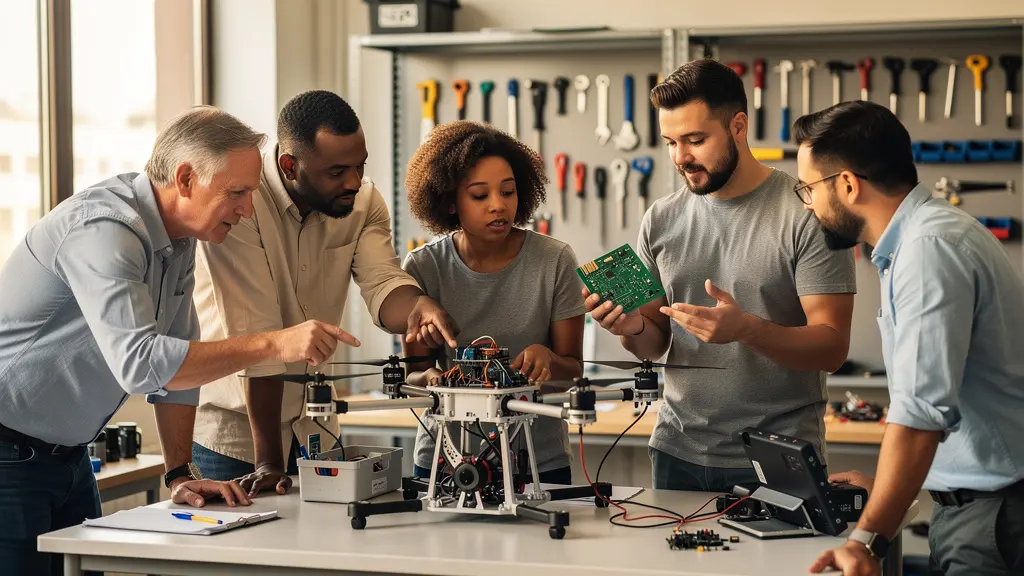 Engineering team conducting a focused standup meeting around a hardware prototype