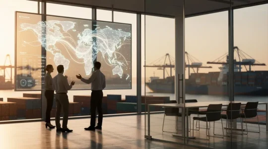 Import business executives analyzing supply chain volatility on multiple monitors in a modern operations center