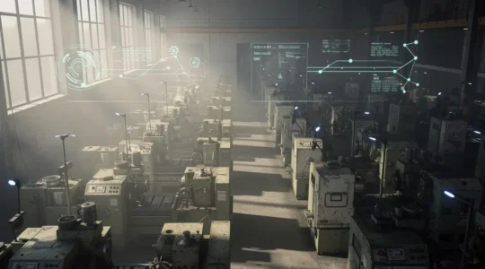 Modern sensors and AI visualization overlaying vintage industrial equipment in a manufacturing facility