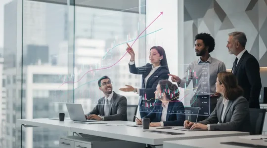 Strategic dashboard visualization of commodity market forecasting with traders analyzing multiple data streams