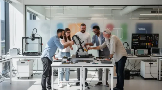 Modern hardware development team working with Scrum methodologies in a collaborative engineering workspace