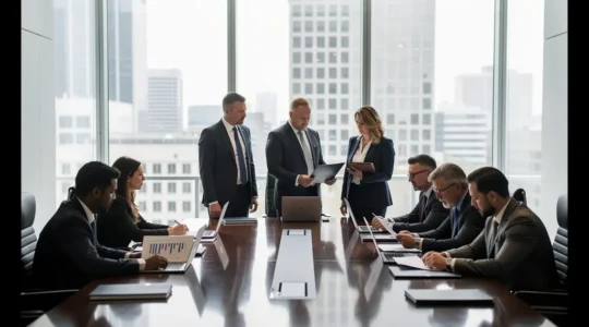 Board members analyzing quarterly financial data in modern boardroom setting