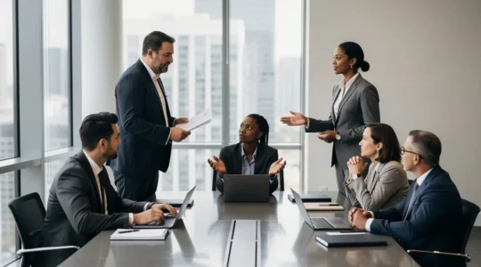 Executive team in strategic discussion around modern conference table