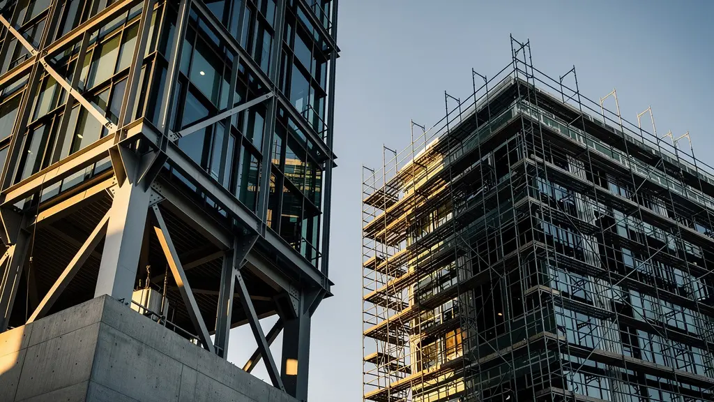 Architectural metaphor showing strong business foundations versus hollow structure