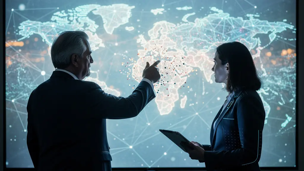 Business professionals examining interconnected global network visualization on large display