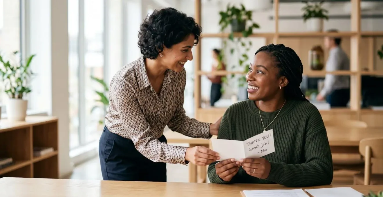 Authentic workplace moment capturing genuine peer appreciation and team connection