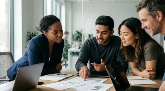 Professional business collaboration scene showing sales strategy planning with diverse team members