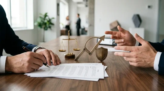 Professional business negotiation scene with commercial contracts and financial protection elements