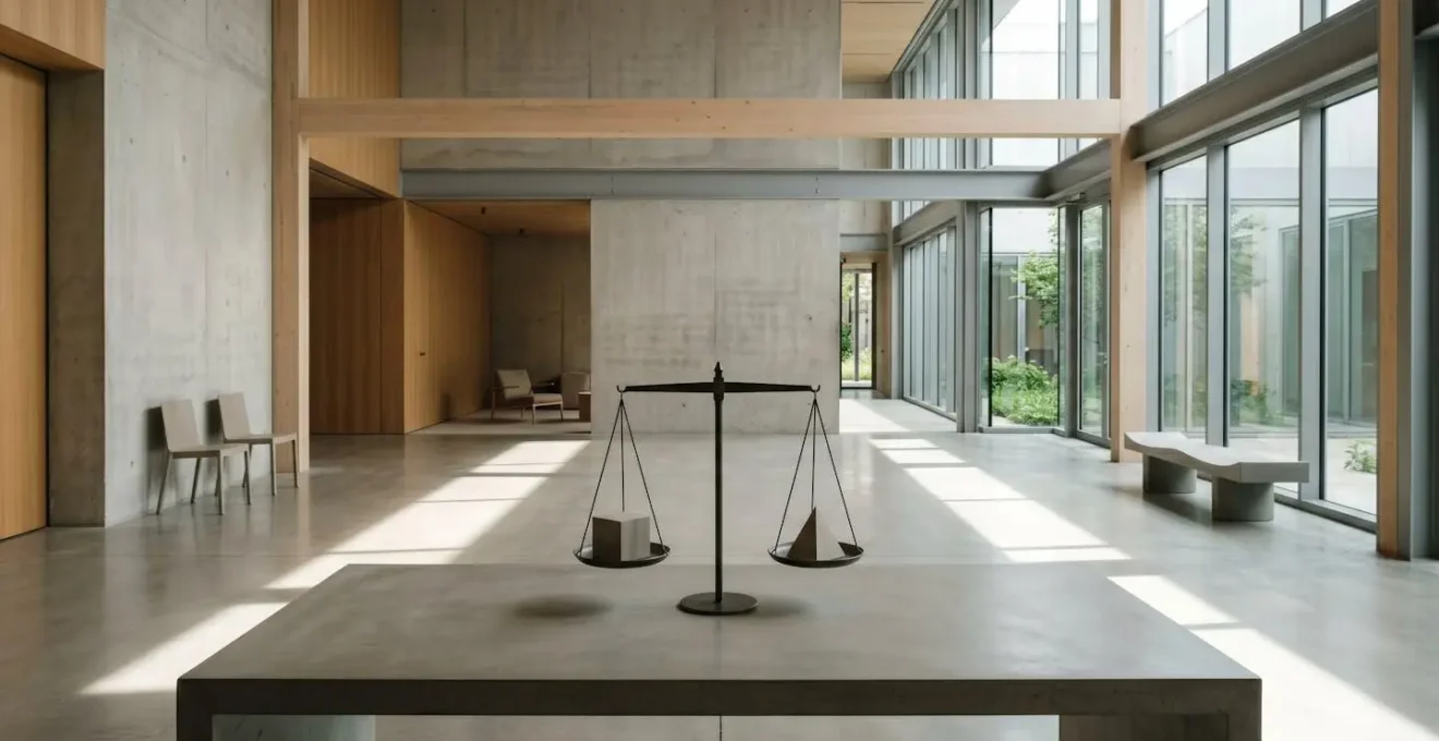 Wide environmental shot showing balance between different contract approaches with minimalist composition