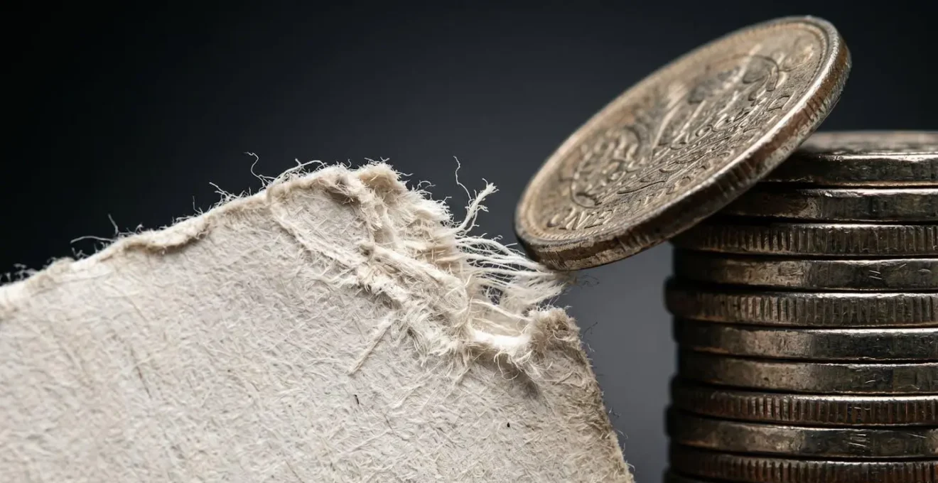 Extreme close-up detail showing contract document texture with financial impact visualization