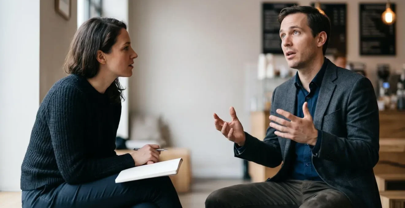 Intimate professional interview setting capturing genuine customer feedback moment