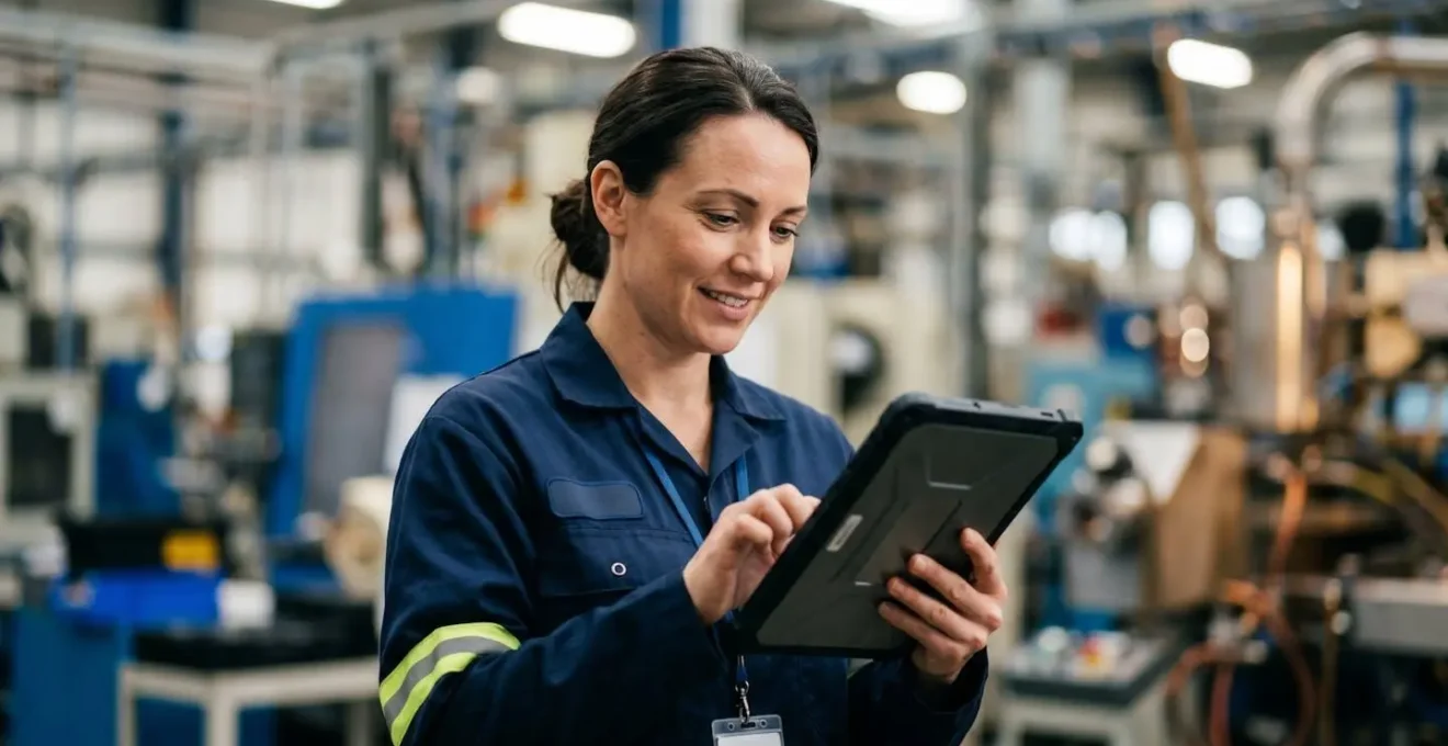 Manufacturing team implementing digital quality management system during production transition