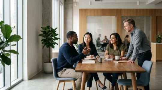 Diverse professionals collaborating in modern workspace representing cultural alignment without homogeneity