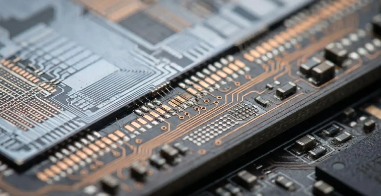 Extreme close-up of server processor chip edge revealing intricate circuit pathways and metallic surfaces