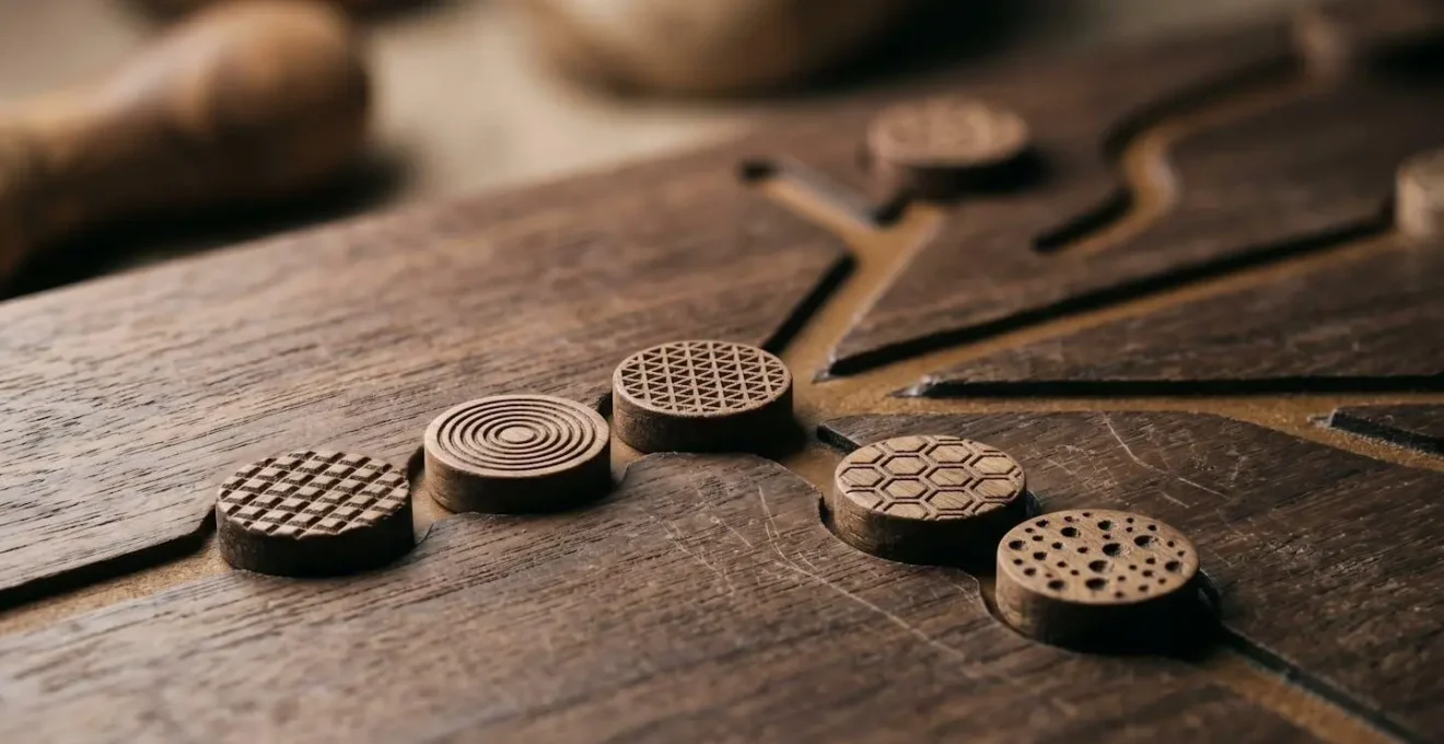 Close-up macro photograph of game pieces on decision pathway board with shallow depth of field emphasizing choice and strategy.
