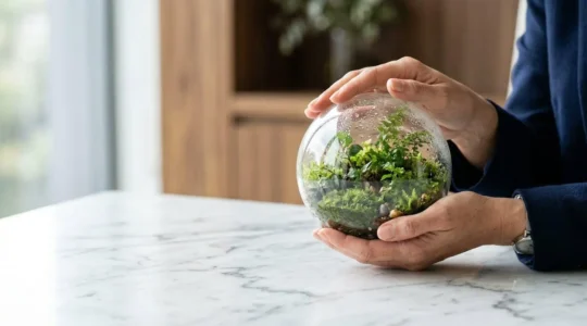 Corporate sustainability meeting with diverse business professionals analyzing environmental impact data and green initiative frameworks