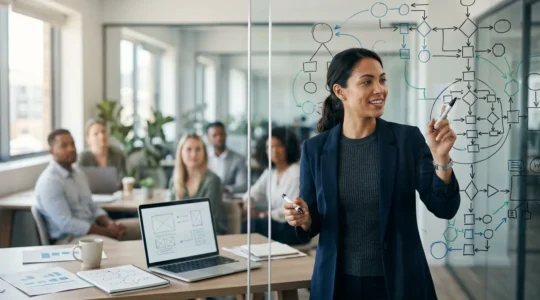 Professional ascending from technical expertise to leadership responsibility through collaborative team dynamics