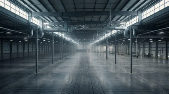 Industrial facility interior showing modern energy-efficient lighting and HVAC systems in a warehouse setting