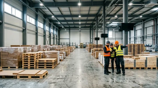 Modern warehouse with strategic inventory positioning and digital monitoring systems