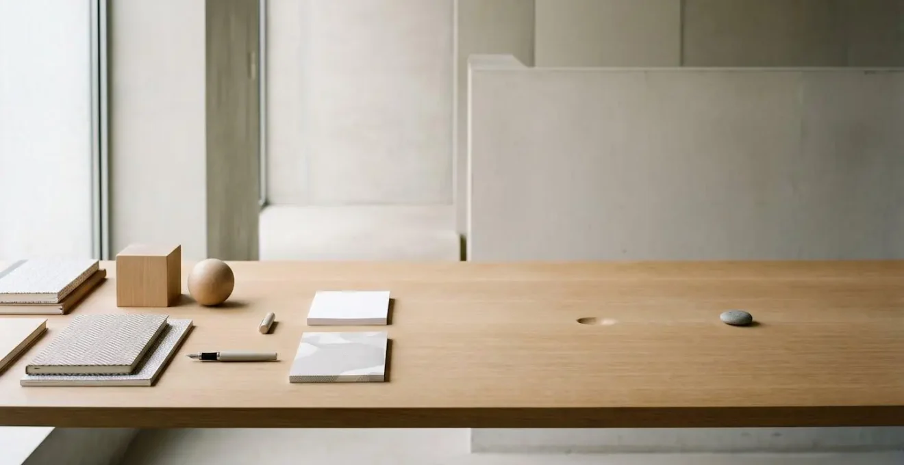 Environmental wide shot of minimalist workspace showing progression from organized to sparse elements representing knowledge decay over time.