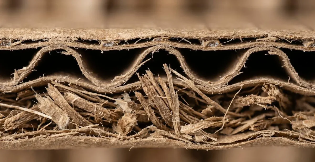 Extreme close-up macro photograph showing sustainable packaging material texture and structural details for eco-friendly pallet optimization