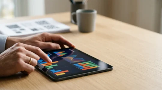 Professional editorial photograph showing hands analyzing data metrics on tablet with subtle document charts in soft background blur
