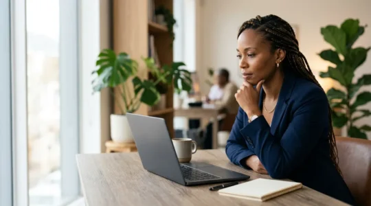 Professional business manager reviewing candidate portfolio during technical interview discussion