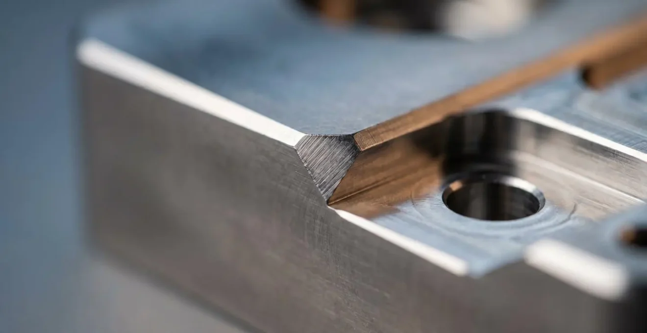 Extreme macro close-up of precision-engineered metal component showing surface finish quality and dimensional accuracy