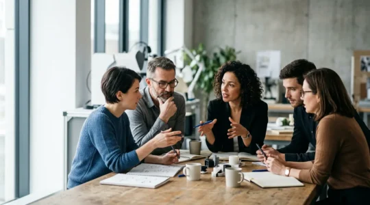 Strategic R&D team collaboration session with diverse professionals analyzing innovation frameworks