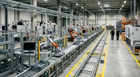 Modern production facility with industrial robots and collaborative robots working seamlessly alongside human operators in synchronized workflow