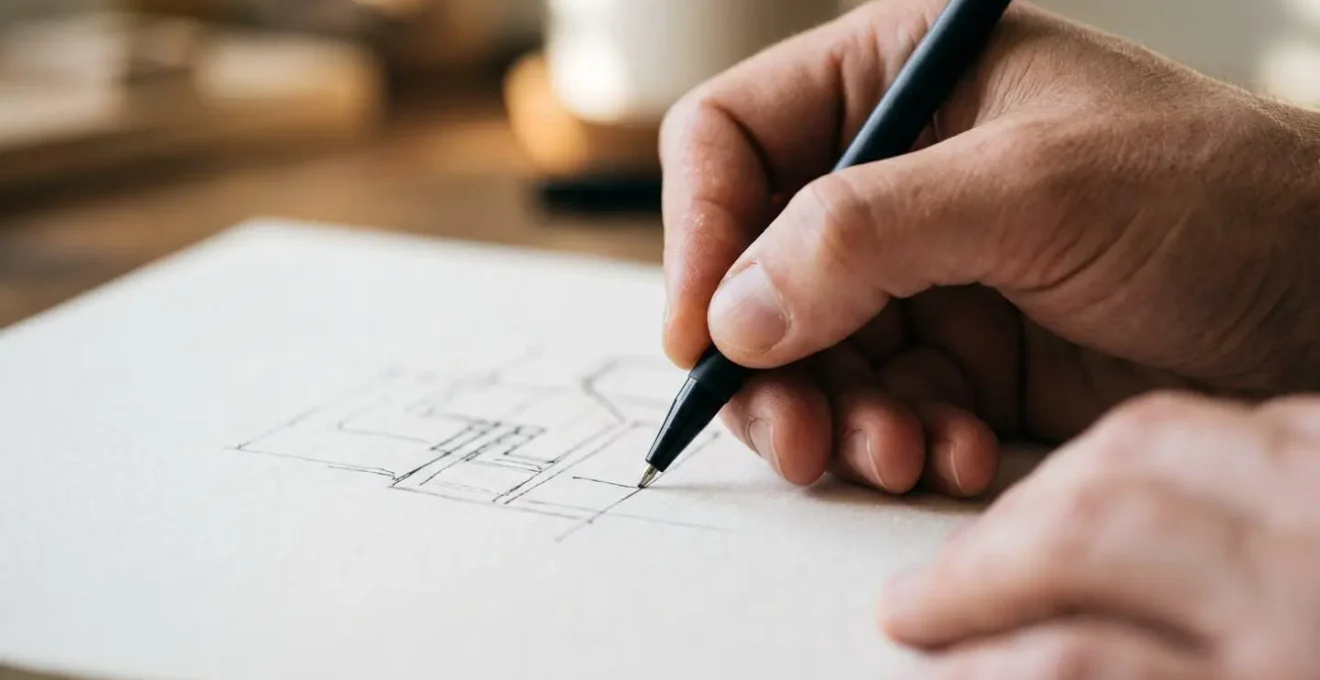 Close-up of hands sketching problem-solving diagrams on paper during technical interview