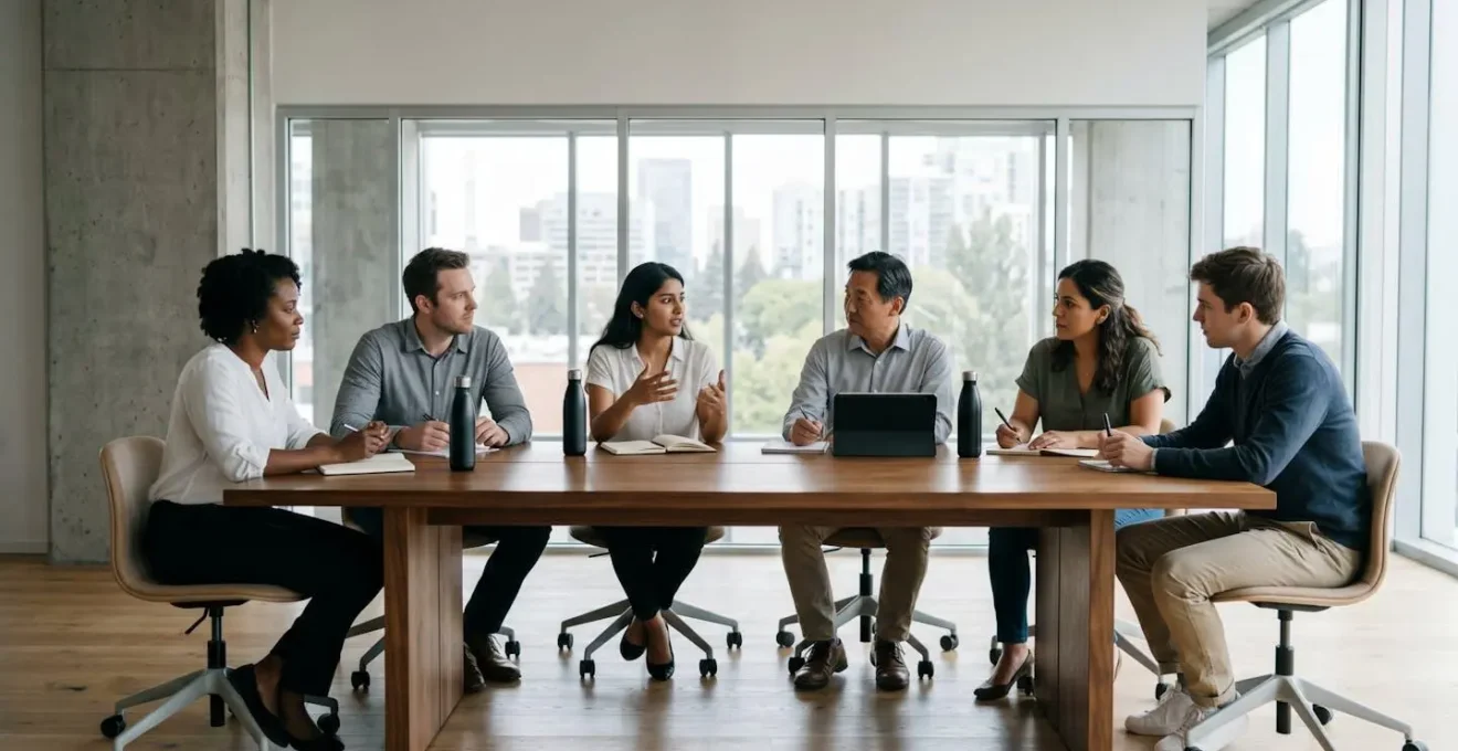 Wide environmental shot of diverse tech professionals collaborating in modern workspace
