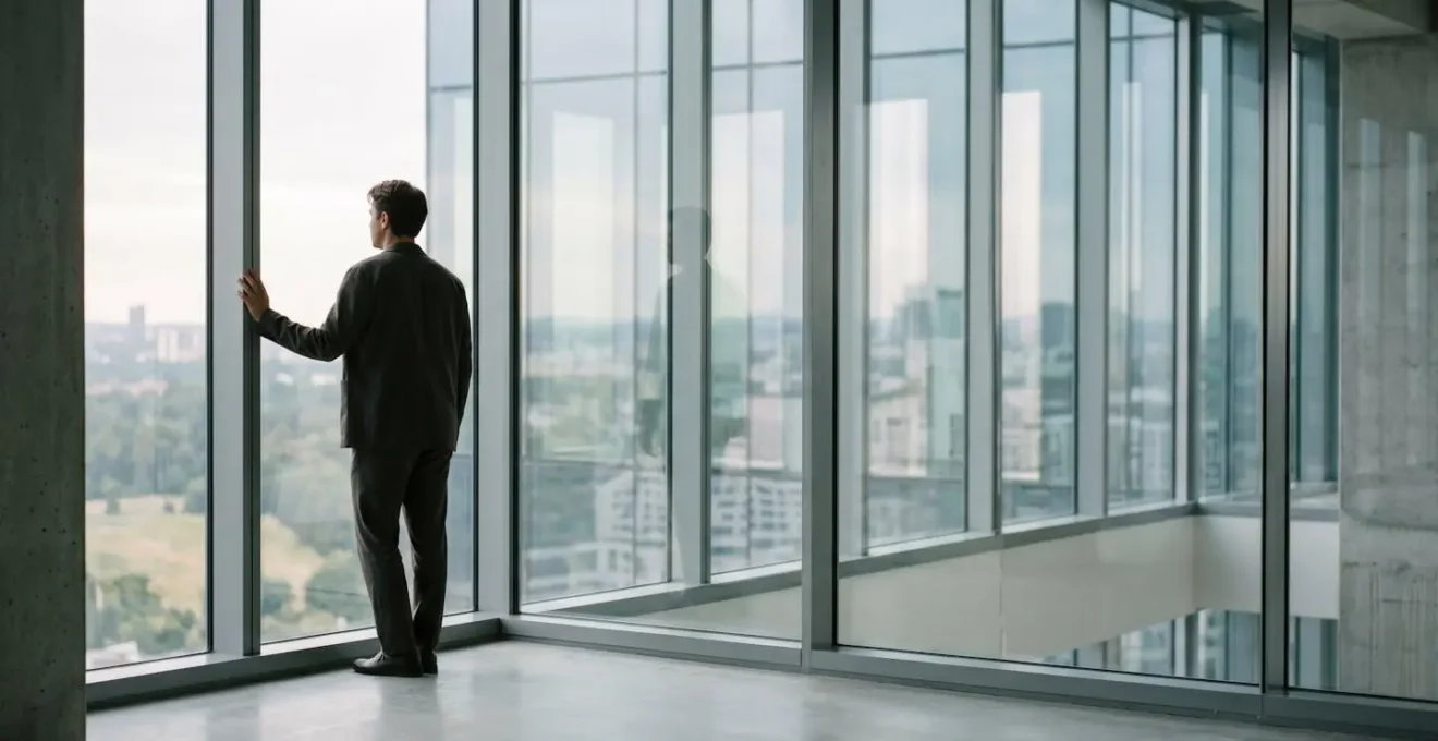 Professional taking a brief mindful pause in natural office environment