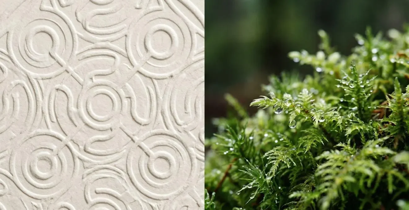 Macro photograph showing detailed texture comparison between high-quality verified carbon offset certificate and natural forest ecosystem elements
