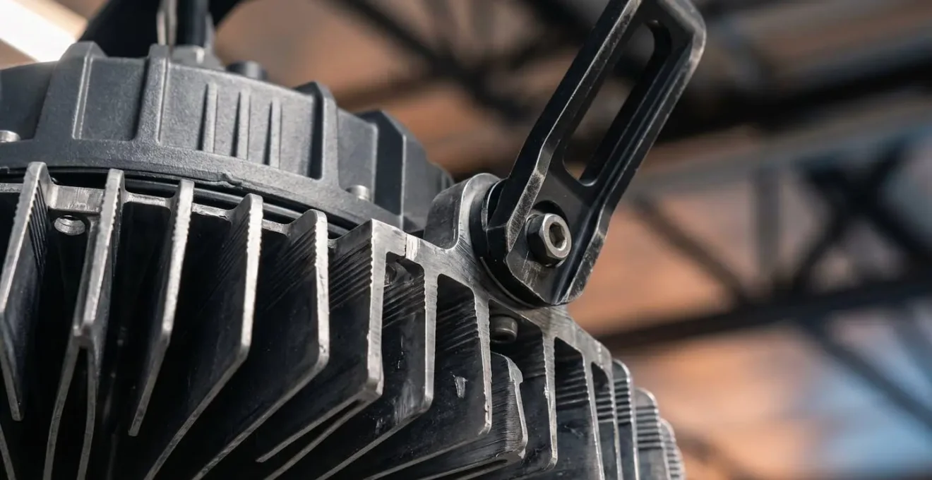 Close-up view of industrial LED fixture installation components showing cost-saving elements