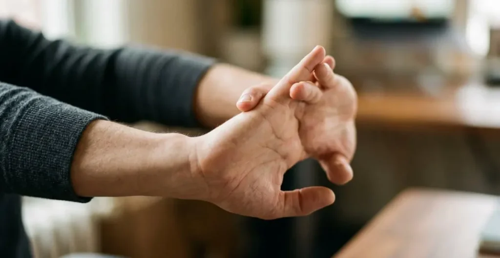 Close-up of a professional during a virtual meeting taking an intentional physical break with a mindful posture adjustment. Close-up of a professional during a virtual meeting taking an intentional physical break with a mindful posture adjustment.